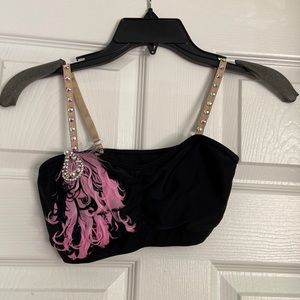 Custom beaded bra. Black with pink feather appliqué. Black and pink tutus